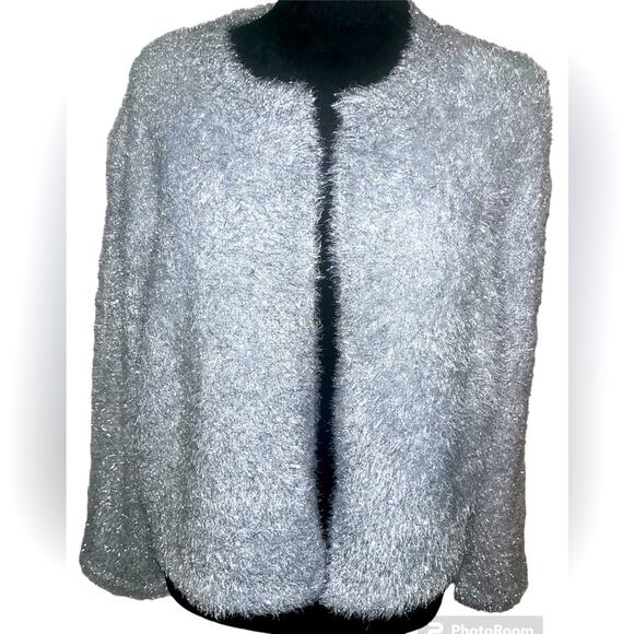 TOMMY HILFIGER FURY TINSEL METALLIC GRAY OPEN CARDIGAN SWEATER SIZE XL - Picture 1 of 10